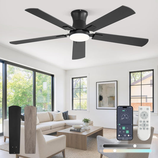 Fanbulous 52 inch Ceiling Fan with Light, Low Profile, App & Remote Control | Flush Mount, Stepless Dimming LED Light, Quiet Reversible DC Motor, Memory Function, Living Room, Bedroom, Patio, Black