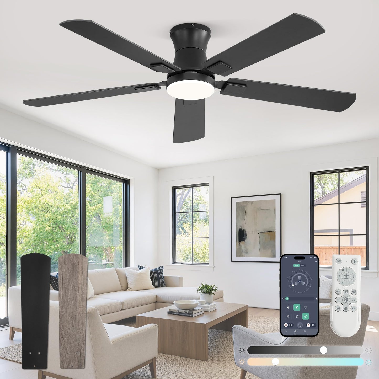 Fanbulous 52 inch Ceiling Fan with Light, Low Profile, App & Remote Control | Flush Mount, Stepless Dimming LED Light, Quiet Reversible DC Motor, Memory Function, Living Room, Bedroom, Patio, Black