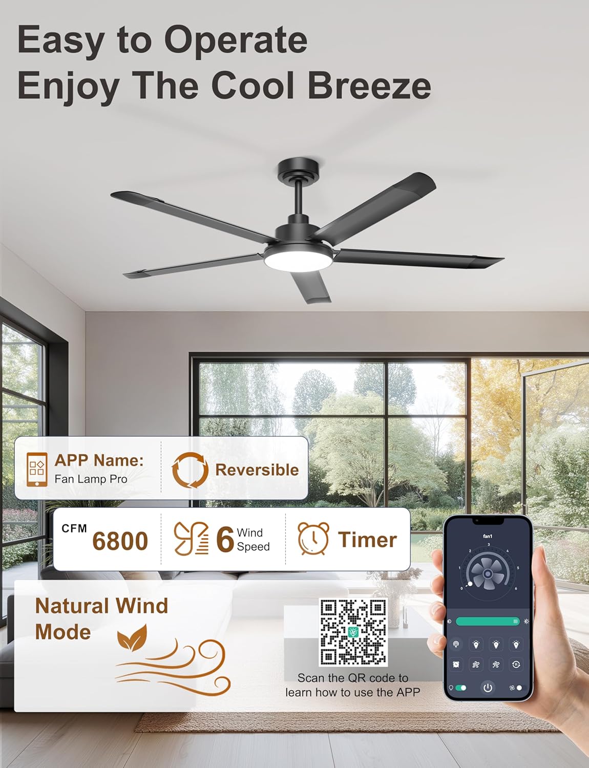 Ohniyou 60'' Industrial Ceiling Fan with Light for Patio, Porch, Black | 6800 CFM Airflow, 35dB DC Motor, 5 Aluminum Blades, 3CCT Dimming, Remote/APP Control, Covered Outdoor Metal Fan