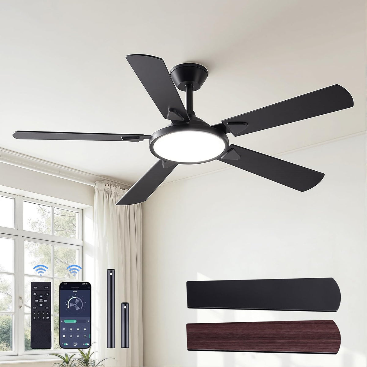 OJX Ceiling Fans with Lights, 52 inch Ceiling fan with Light and Remote/APP Control, 3CCT, Quiet DC Reversible, Dimmable, Modern Ceiling Fan for Bedroom, Living Room, Kitchen, Indoor/Outdoor Use