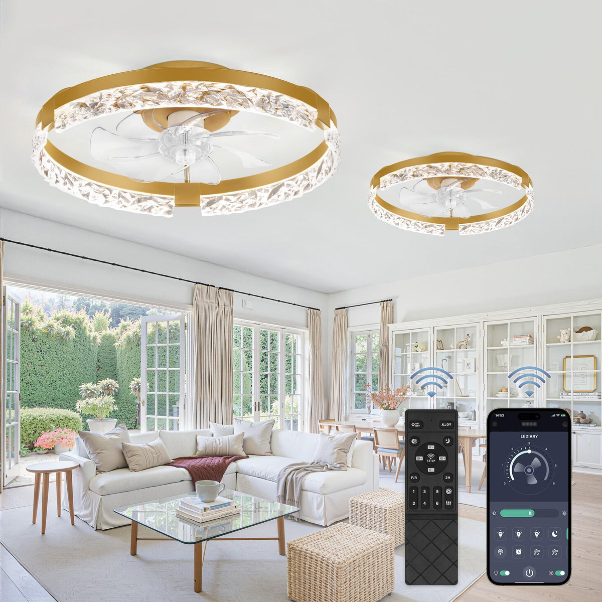 LEDIARY 20" Modern Ceiling Fans with Lights and Remote, White Fandelier | Dimmable Low Profile, Flush Mount Ceiling Fan, Stepless Color Temperature Change, 6 Speeds, Bedroom, Living Room, Kitchen