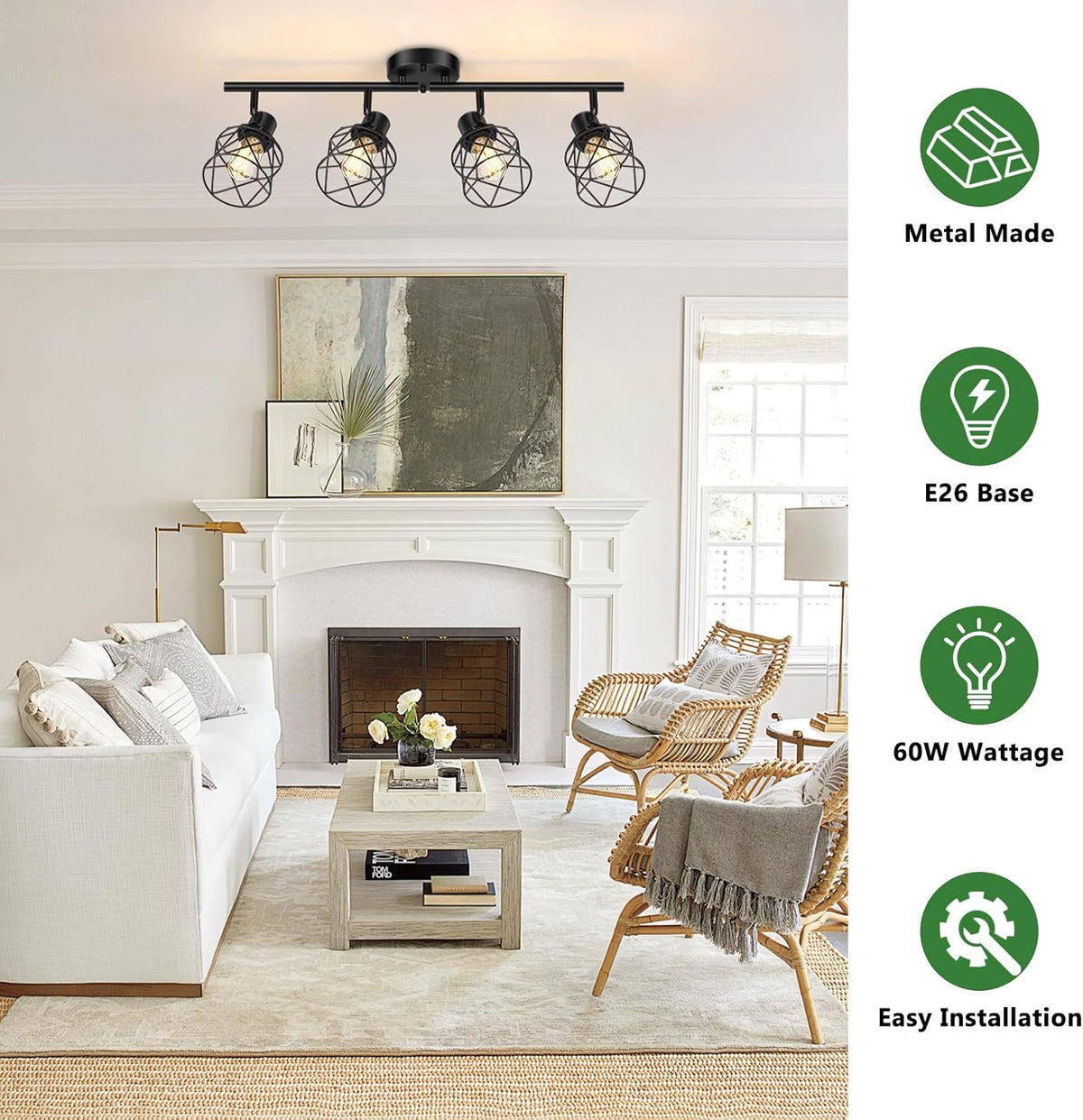 Baocuz 4-Lights Semi Flush Mount Ceiling Light, Adjustable Multi-Directional Light Fixtures, Rotatable Farmhouse Light Fixtures Mount with Metal Cage for Dining Room, Living Room