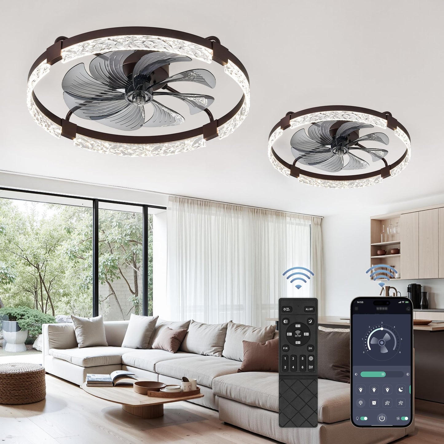 LEDIARY 20" Modern Ceiling Fans with Lights and Remote, White Fandelier | Dimmable Low Profile, Flush Mount Ceiling Fan, Stepless Color Temperature Change, 6 Speeds, Bedroom, Living Room, Kitchen