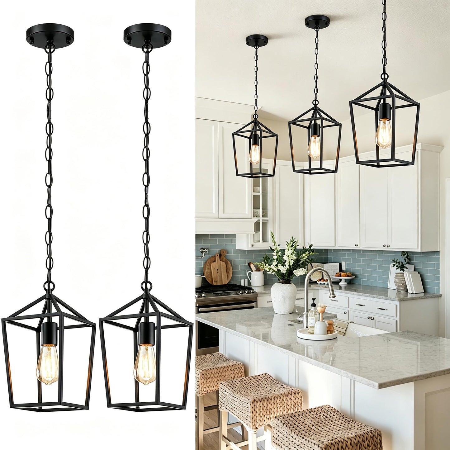 Sheetea 2 Pack Pendant Lights Kitchen Island, Modern Black Light Fixtures | Farmhouse Design, Ceiling Hanging Height Adjustable, Durable Metal, Quick & Easy Installation, Small Pendant Lighting