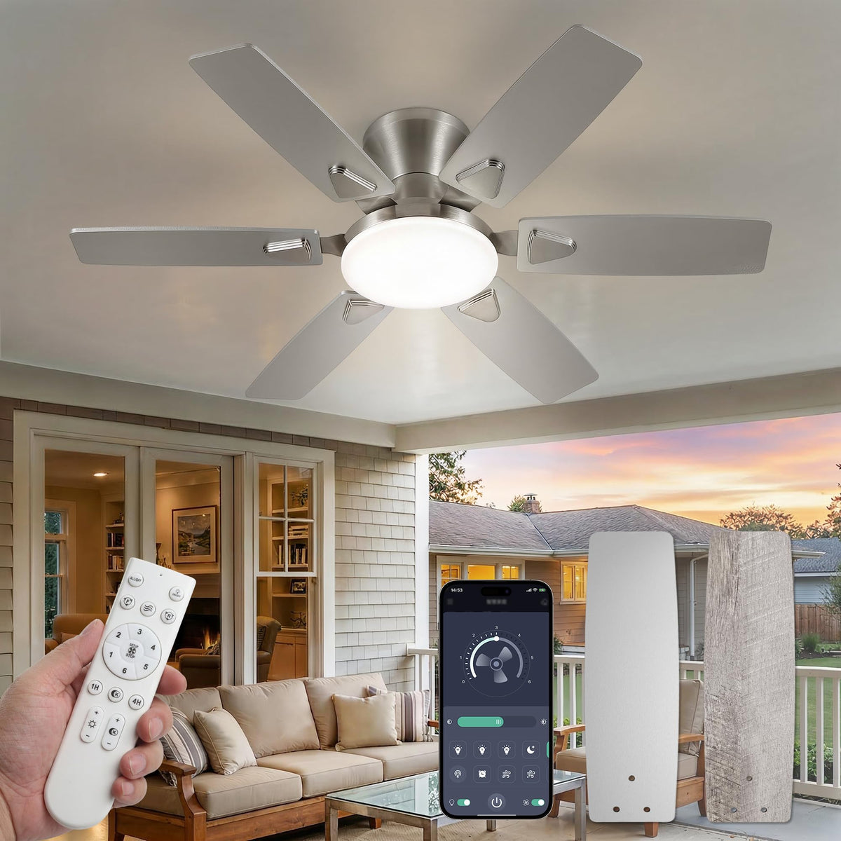 Fanbulous 52 Inch Flush Mount Ceiling Fans with Light, Remote & APP Control | 6-Blade Gentle Breeze,Quiet DC Motor, 3CCT,Dimmable,Memory Function,Reversible, Damp-Rated, Living Room,Bedroom,Covered Patio