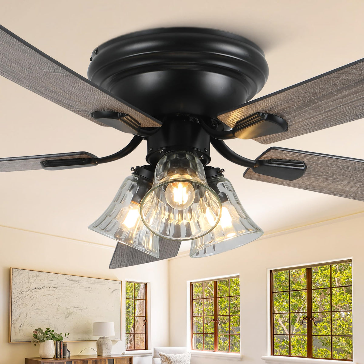 52 Inch Flush Mount Farmhouse Ceiling Fans with Lights and Remote Control | 5 Reversible Blades Vintage Low Profile Ceiling Fan with 3-Light 6 Speeds for Living Room Bedroom Kitchen Dining Room