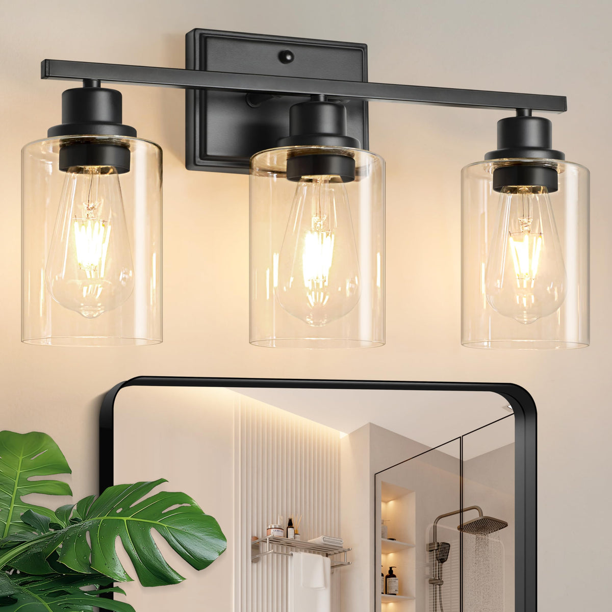 Modern Bathroom Light Fixtures, 4 Light Vanity Lights Over Mirror, Black Wall Lamp with Clear Glass for Living Room Cabinet Bedroom Porch