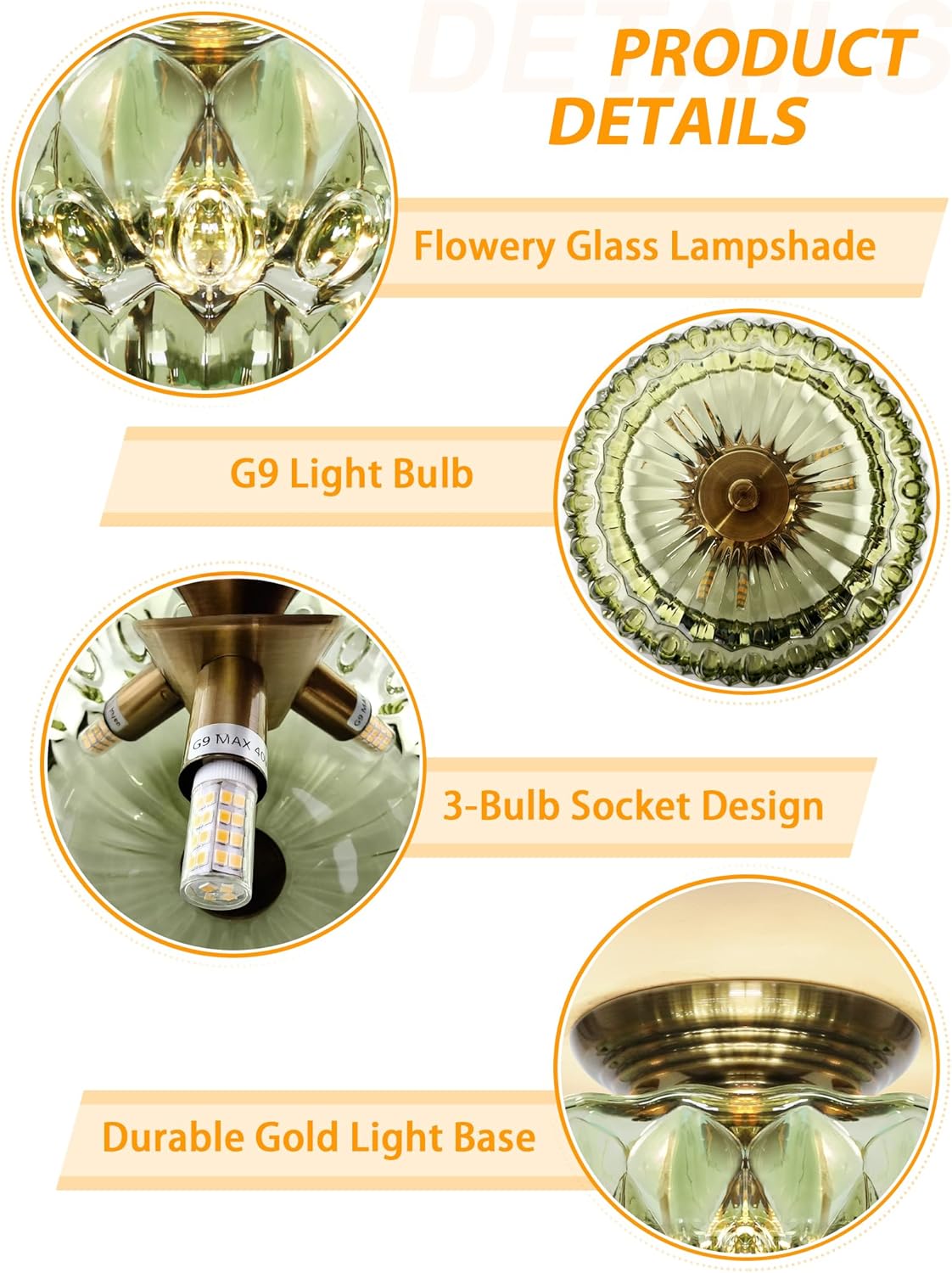 11" 3-Bulb Bright Semi Flush Mount Ceiling Light,Vintage Gold Hallway Light | OYKYOHEI Globe Close to Ceiling Light for Bathroom/Dining Room/Entryway /Kitchen,Amber Glass,Easy Install,40W Max G9(NO BULB)