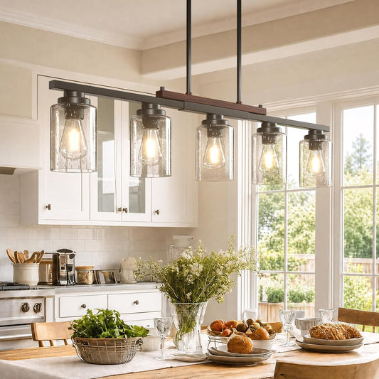Amico 5-Light Dining Room Light Fixture, Seeded Glass Island Chandelier | Farmhouse Adjustable Rods Black Metal & Wood, Kitchen Island Pendant Light, Dining Room, Bubble Glass Shade