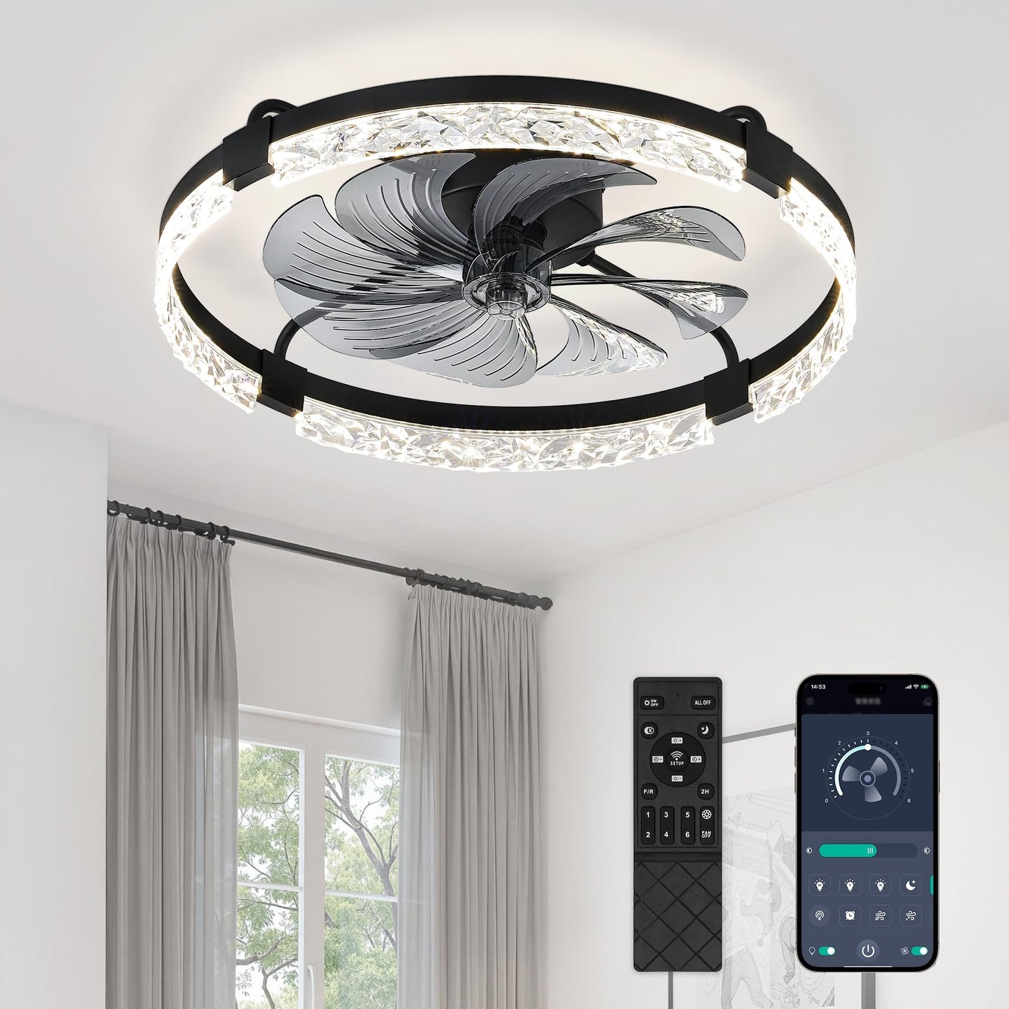 LEDIARY 20" Modern Ceiling Fans with Lights and Remote, White Fandelier | Dimmable Low Profile, Flush Mount Ceiling Fan, Stepless Color Temperature Change, 6 Speeds, Bedroom, Living Room, Kitchen