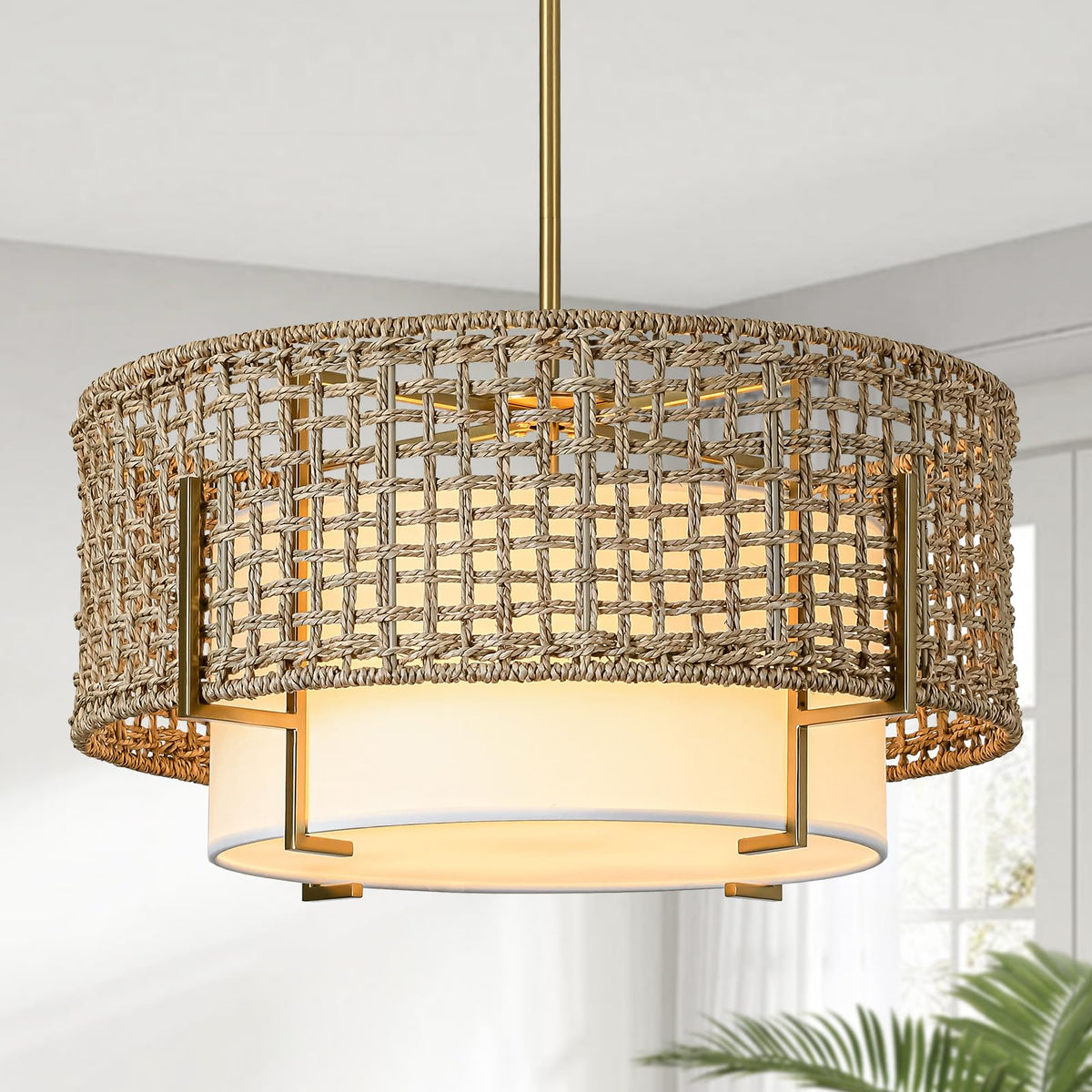 4-Light Rattan Chandelier for Dining Room, 19.7" Boho Pendant Light | Hand Woven, Drum Design with Fabric Shade, Farmhouse Style, for Living Room, Kitchen Island, Bedroom, Hallway, Foyer