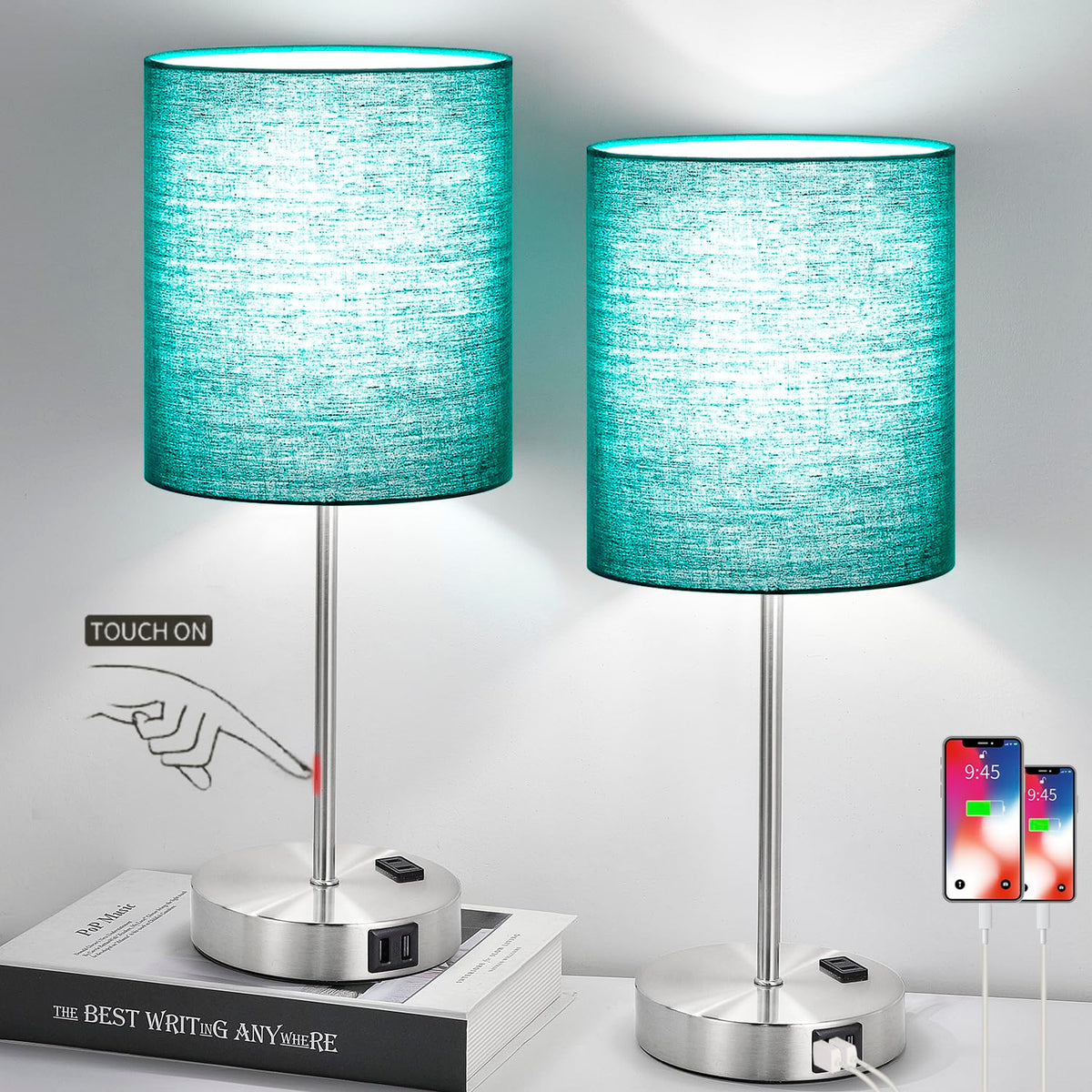Set of 2 Touch Control Table Lamps with 2 USB & AC Outlet, 3-Way Dimmable Bedside Nightstand Lamps for Bedroom Living Room Nursery, 800 Lumens 5000K Daylight Bulbs Included