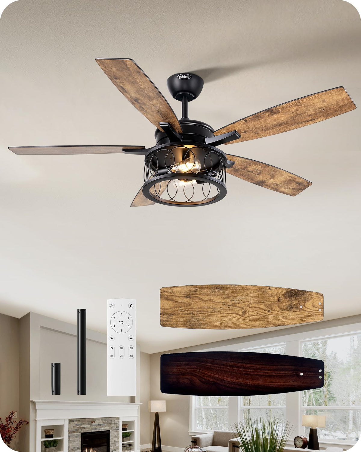 EDISHINE 52" Farmhouse Ceiling Fans with Lights and Remote, 5 Wooden Blades | 10%-100% Dimmable, Timer, 6 Speeds Reversible DC Motor, Wooden Blades Lighting Ceiling Fans for Living Room, Bedroom, Wood
