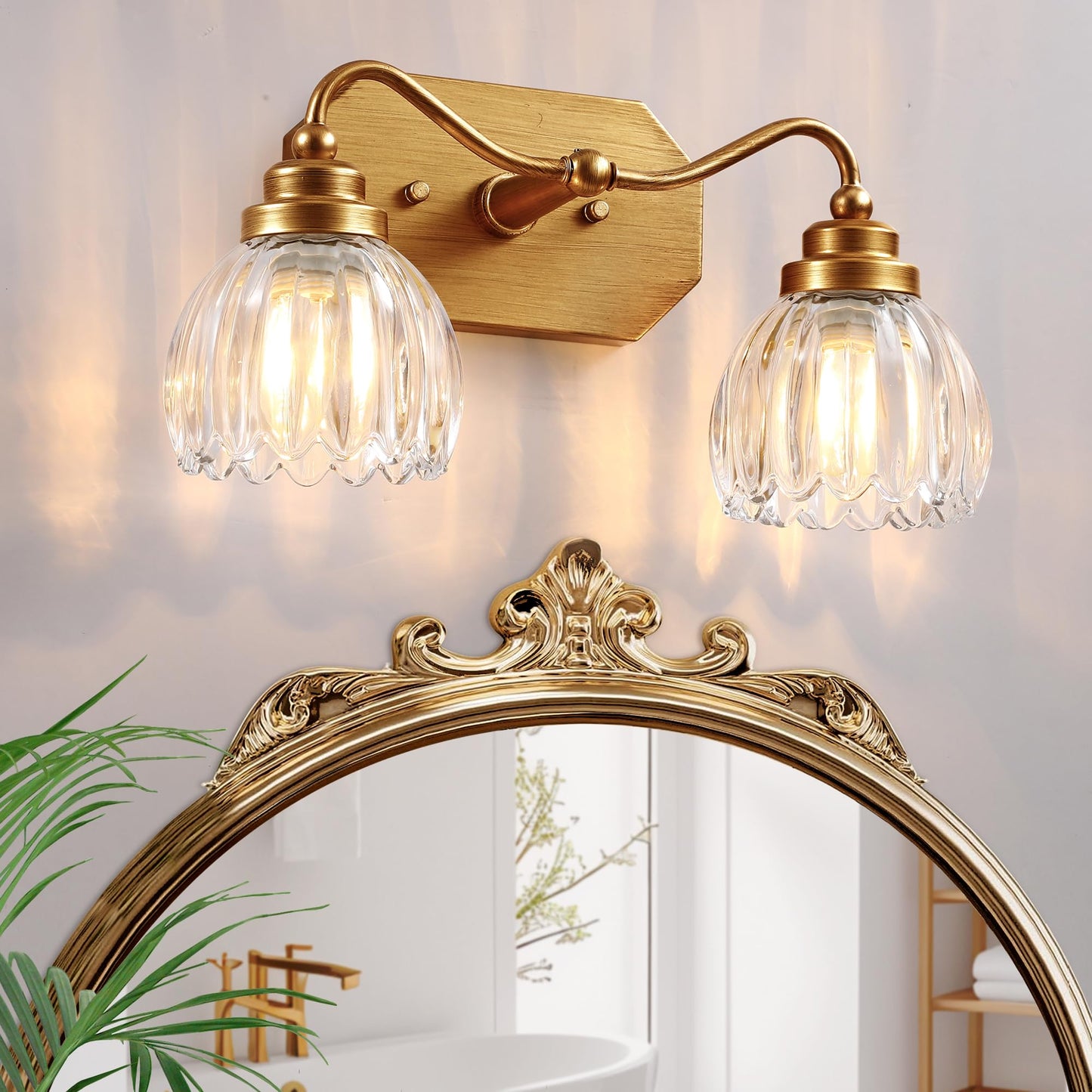 3 Light Gold Vintage Vanity Lights, Antique Brass Finish | Clear Tulip Crystal Shades,Brushed Gold Bathroom Light Fixtures,Wall Sconce Ideal for Bedroom, Hallway, Easy to Install