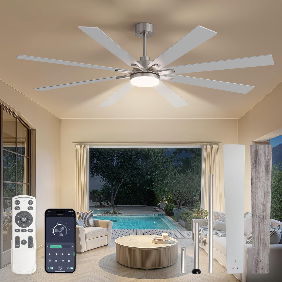Fanbulous 72 Inch Ceiling Fans with Lights DC Motor, Remote & APP Control | Damp Rated, Dimmable, 3CCT, Memory Function, Dual-Sided Reversible Blades, Flat/Sloped Ceiling, Living Room, Covered Patio