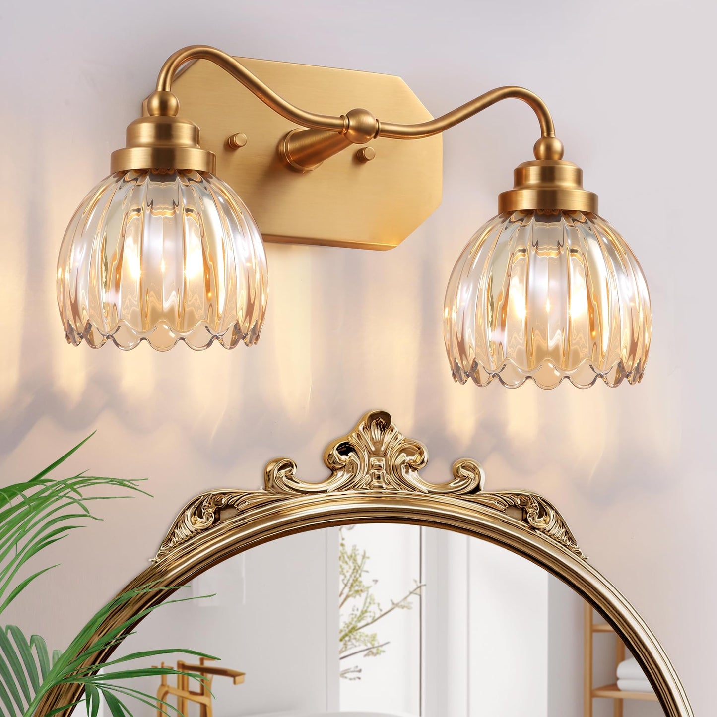 3 Light Gold Vintage Vanity Lights, Antique Brass Finish | Clear Tulip Crystal Shades,Brushed Gold Bathroom Light Fixtures,Wall Sconce Ideal for Bedroom, Hallway, Easy to Install