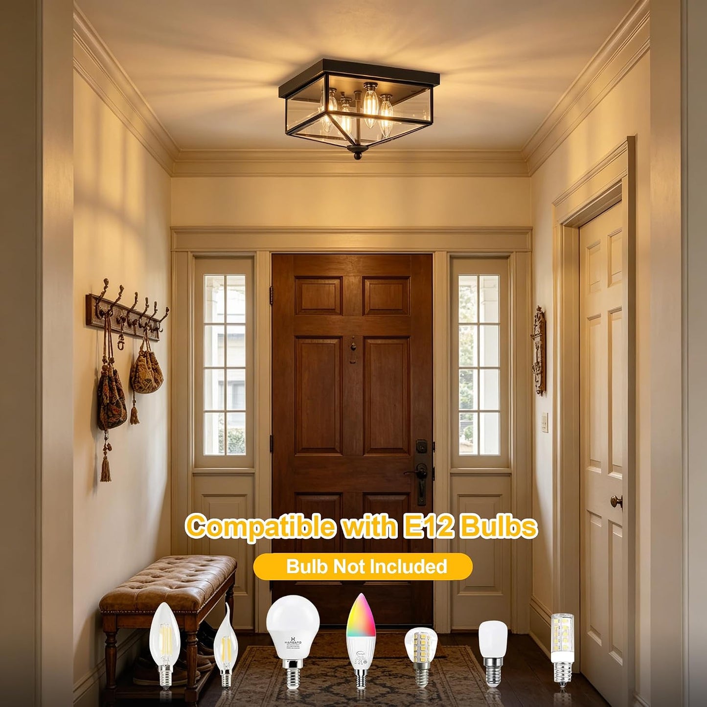 Farmhouse Style Square Flush Mount Ceiling Light, 4-Light Modern. | Ceiling Light Fixture with Clear Glass, Black Close-to-Ceiling for Kitchen Hallway Balcony Porch Stairway, E12 Base