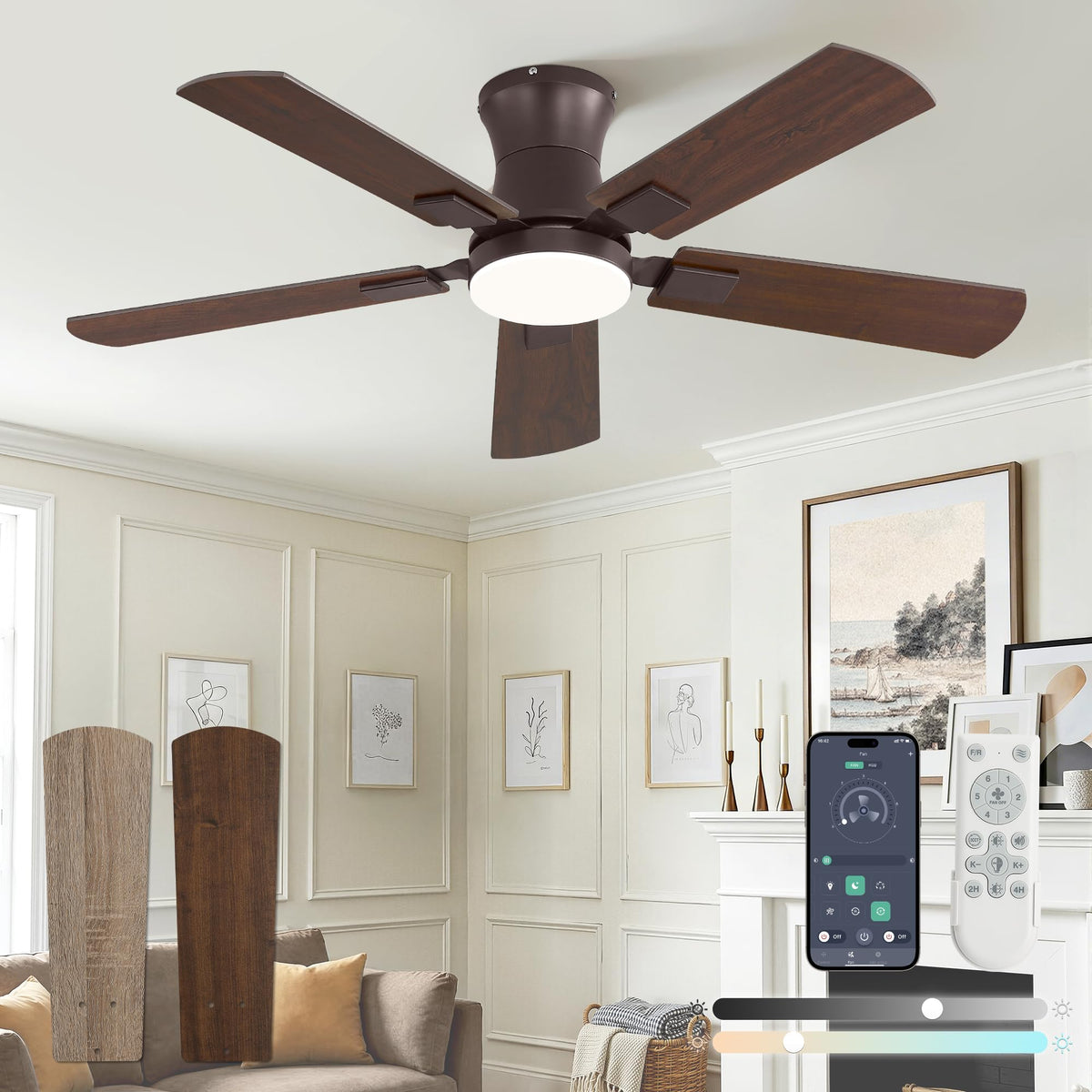 Fanbulous 52 inch Ceiling Fan with Light, Low Profile, App & Remote Control | Flush Mount, Stepless Dimming LED Light, Quiet Reversible DC Motor, Memory Function, Living Room, Bedroom, Patio, Black