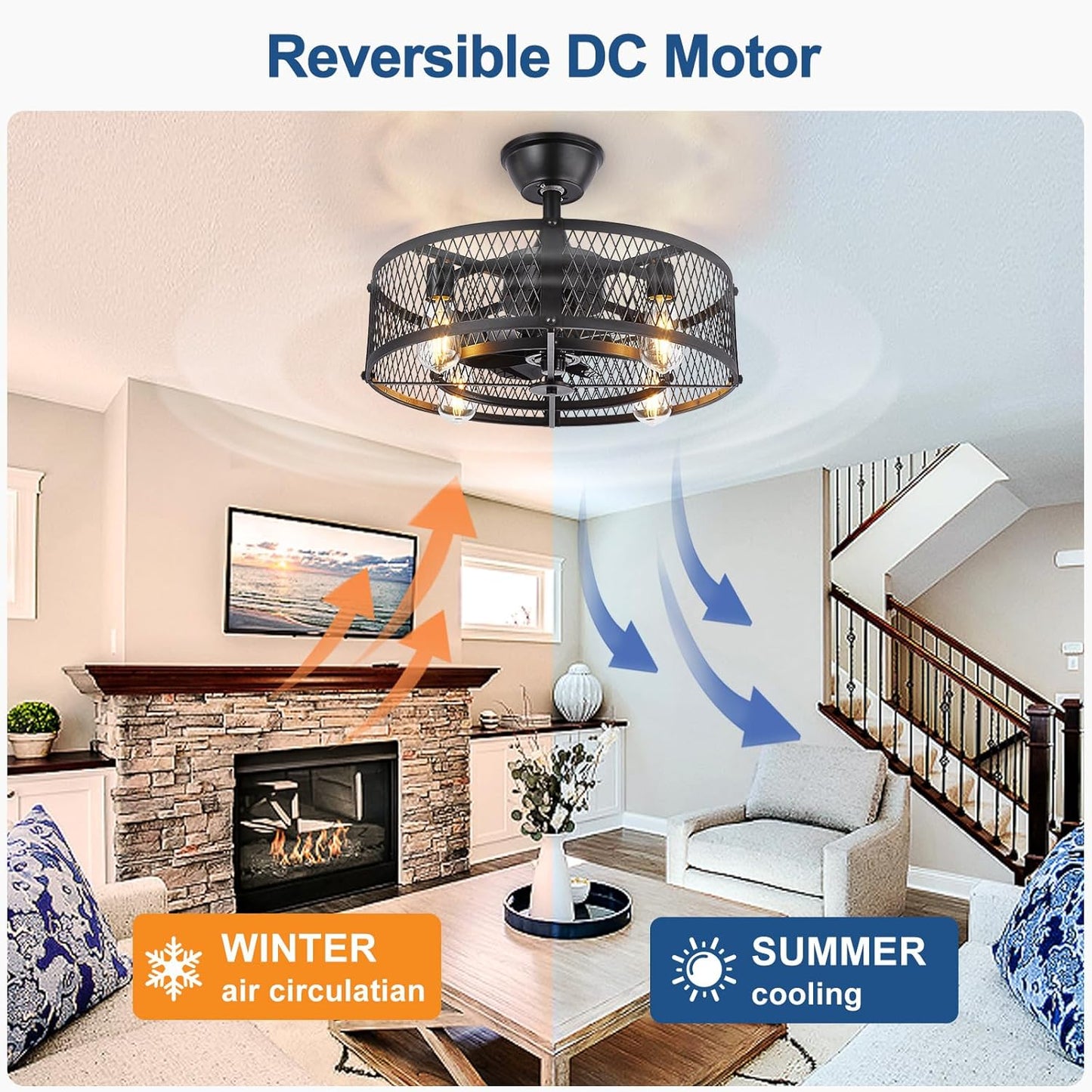 DLLT Caged Ceiling Fan with Light: 20" Farmhouse Fandelier with Lights and Remote Control - Black Rustic Semi Flush Mount Bladeless Ceiling Fans Enclosed Fan for Bedroon Kitchen Living Dining Room