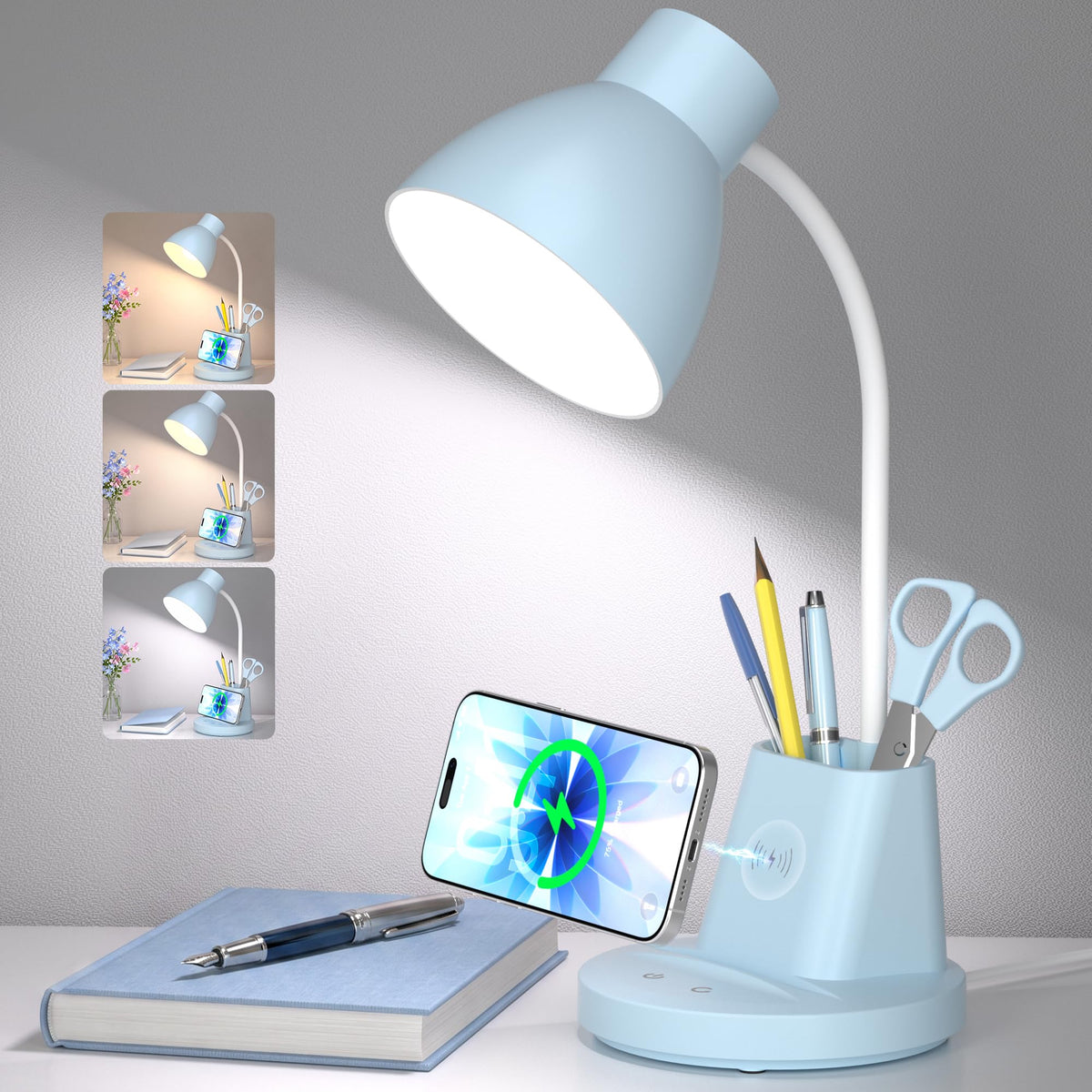 10W Wireless Charging LED Desk Lamp with Pen Holder, CRI 95, Black | 800LM, 3 Modes, 360°Flexible Arm, Touch, Brightness, Table Lamp for Home Office, Dorm, Bedside, Study, Reading, with Adapter