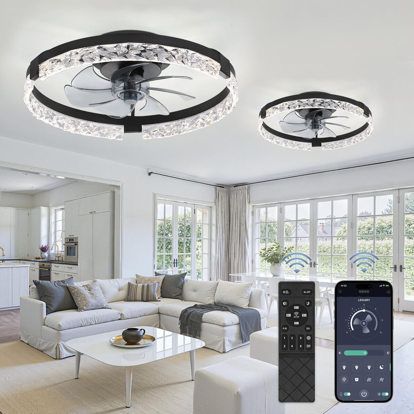 LEDIARY 20" Modern Ceiling Fans with Lights and Remote, White Fandelier | Dimmable Low Profile, Flush Mount Ceiling Fan, Stepless Color Temperature Change, 6 Speeds, Bedroom, Living Room, Kitchen