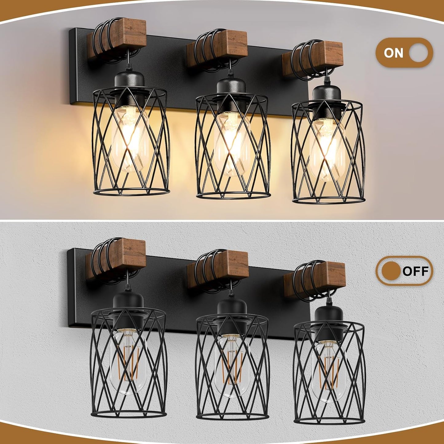 IZORRO Farmhouse Bathroom Vanity Light, 3-Light Wood Bathroom Light Fixtures Over Mirror, Black Industrial Vanity Lights with Metal Shade, Rustic Restroom Lighting Fixtures