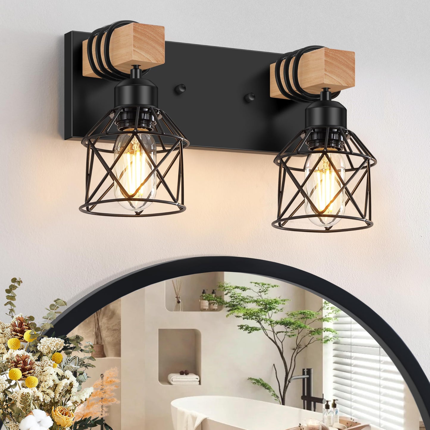 FadimiKoo 3-Light Bathroom Vanity Lights, Farmhouse Bathroom Light Fixtures | Rustic Wood & Black Metal Shade, Wood Bathroom Lighting Fixtures Over Mirror, Wall Sconces for Bathroom Bedroom Living Room
