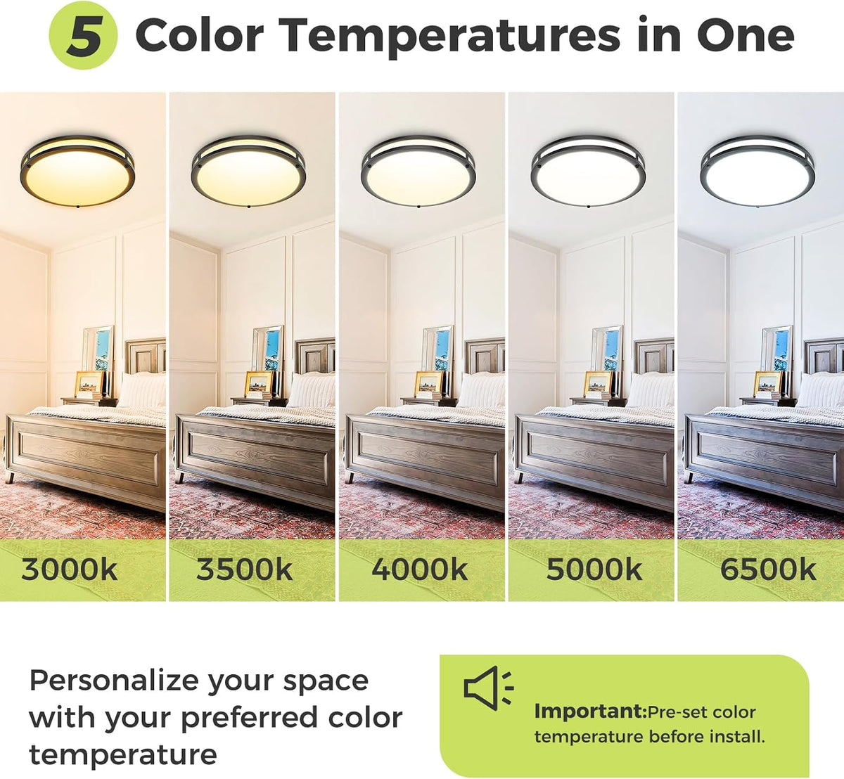 hepside 13inch Flush Mount Ceiling Light Fixture 2 Pack, Dimmable & 5 Color Temperatures Ceiling Light Black, 24W 3000K 3500K 4000K 5000K 6500K Adjustable Ceiling Lamps for Bathroom Bedroom Hallway