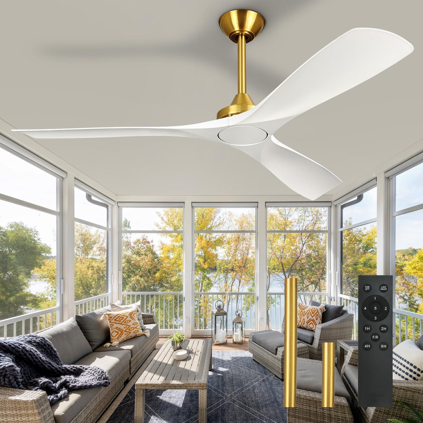 Outdoor Ceiling Fan with Light: 52 Inch 3 Blade Outdoor Fans for Patios - Modern Plastic Walnut Ceiling Fan with Dimmable Light Remote Control Ultra Quiet Reversible DC Motor Timer