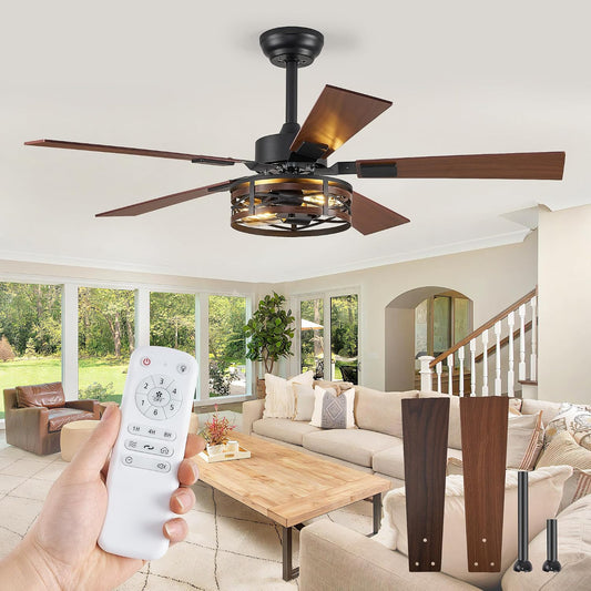 Fanbulous 48" Farmhouse Ceiling Fan with Light & Remote, 2-Light Caged | DC Motor Quiet and Reversible, 6-Speed Adjustable, Dual Finish 5 Blades Rustic for Bedroom and Living Room, Black and Walnut