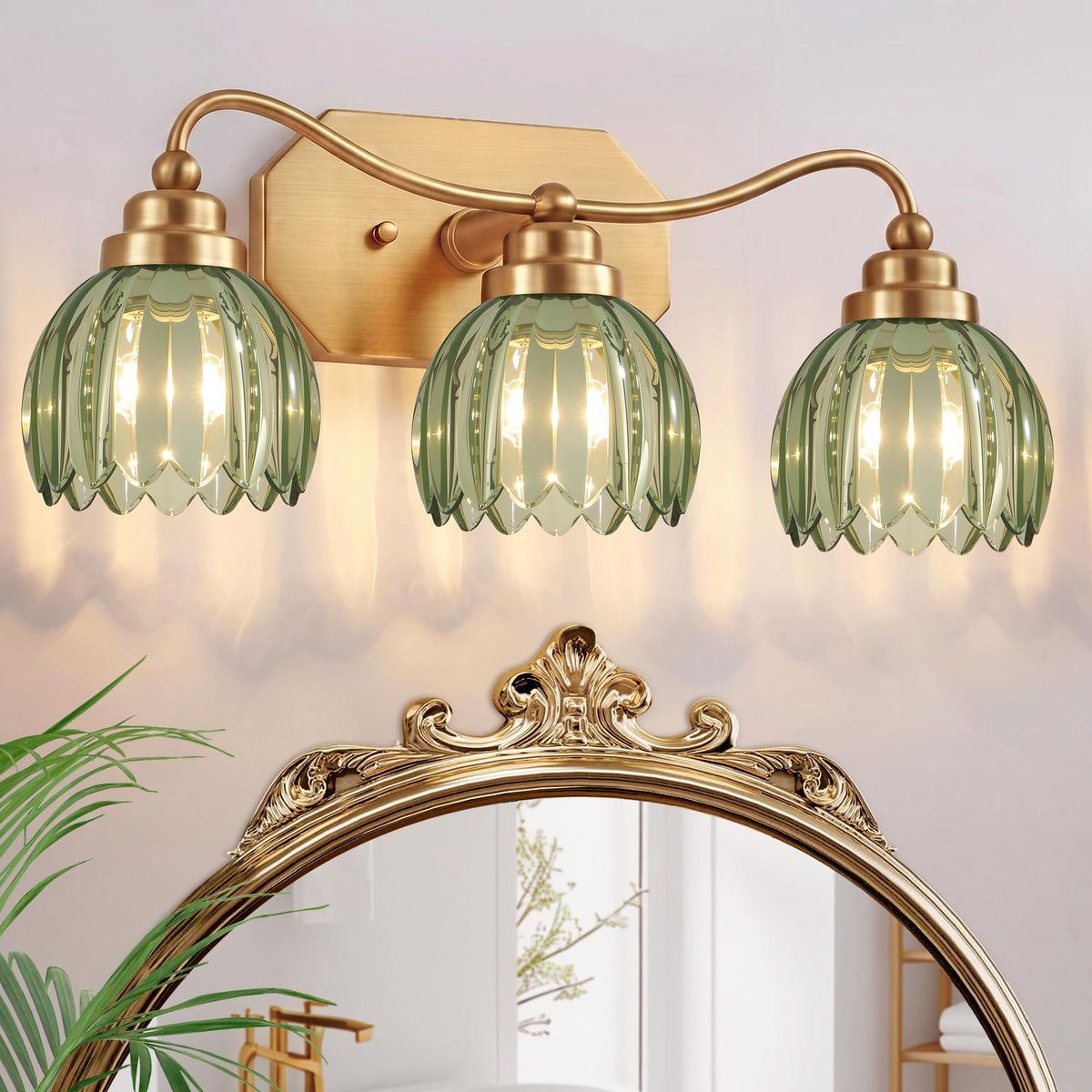 3 Light Gold Vintage Vanity Lights, Antique Brass Finish | Clear Tulip Crystal Shades,Brushed Gold Bathroom Light Fixtures,Wall Sconce Ideal for Bedroom, Hallway, Easy to Install