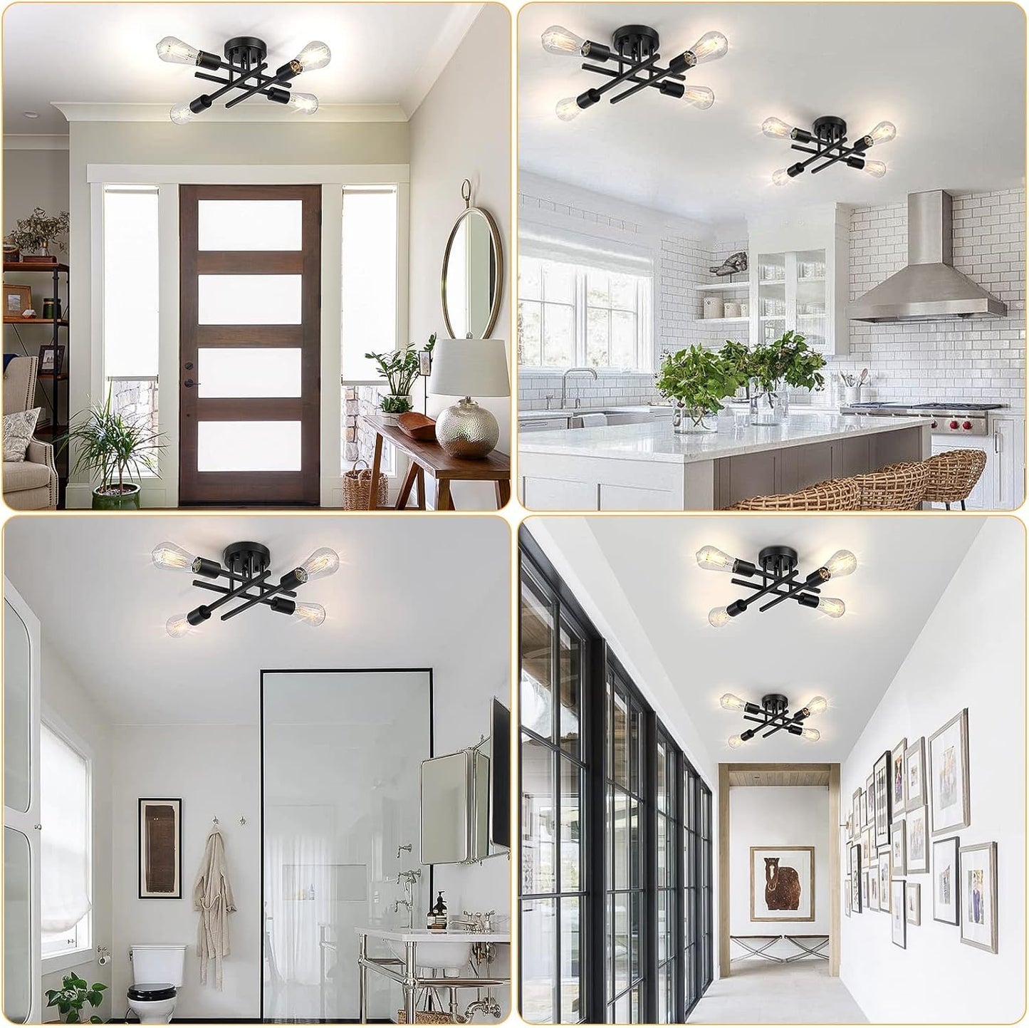 Industrial 4-Light Semi Flush Mount Ceiling Light Fixture, Modern Farmhouse Lights Matte Black, Rustic Sputnik Chandelier for Bedroom Foyer