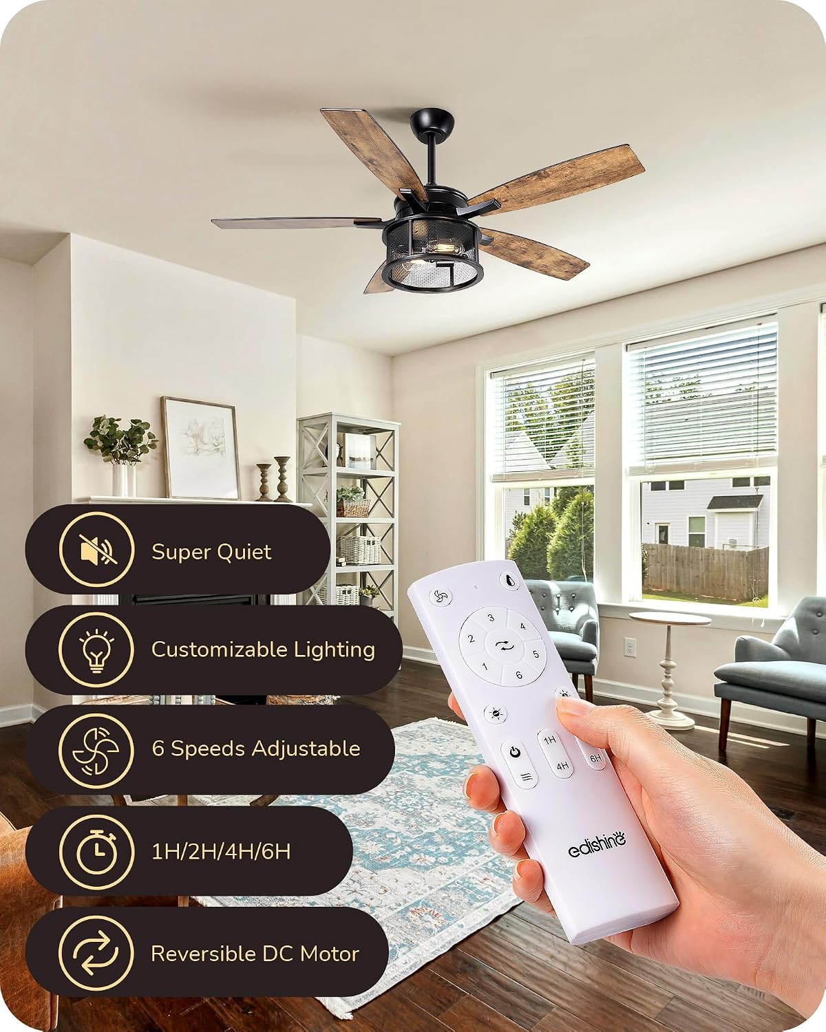 EDISHINE 52" Farmhouse Ceiling Fans with Lights and Remote, 5 Wooden Blades | 10%-100% Dimmable, Timer, 6 Speeds Reversible DC Motor, Wooden Blades Lighting Ceiling Fans for Living Room, Bedroom, Wood