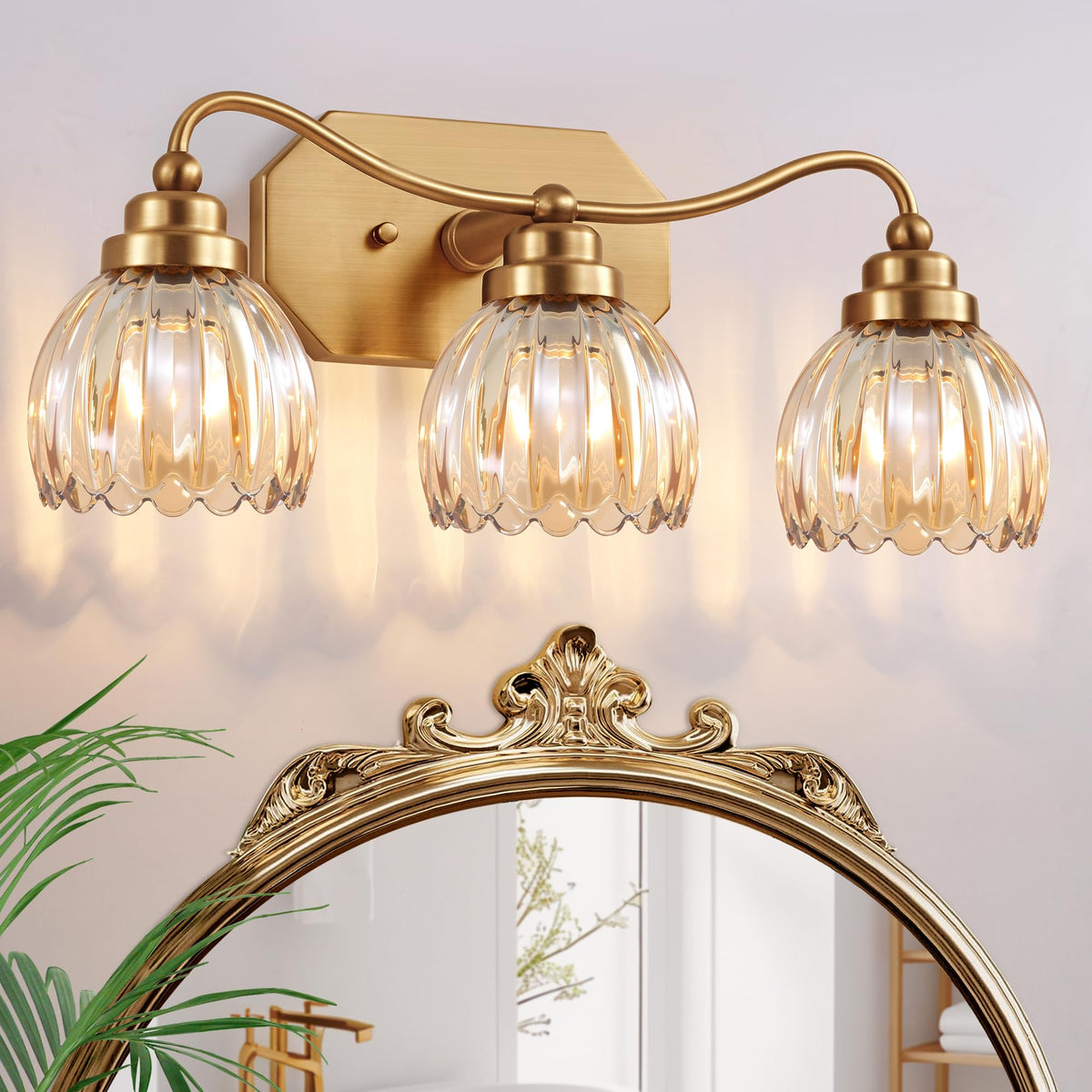 3 Light Gold Vintage Vanity Lights, Antique Brass Finish | Clear Tulip Crystal Shades,Brushed Gold Bathroom Light Fixtures,Wall Sconce Ideal for Bedroom, Hallway, Easy to Install