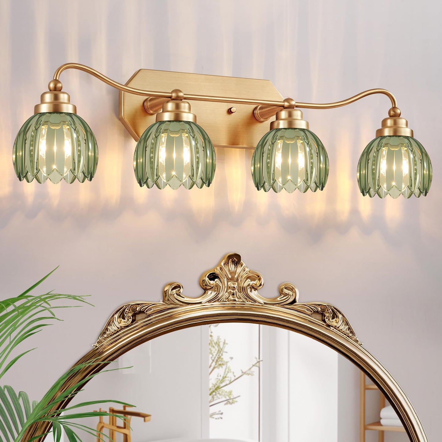 3 Light Gold Vintage Vanity Lights, Antique Brass Finish | Clear Tulip Crystal Shades,Brushed Gold Bathroom Light Fixtures,Wall Sconce Ideal for Bedroom, Hallway, Easy to Install