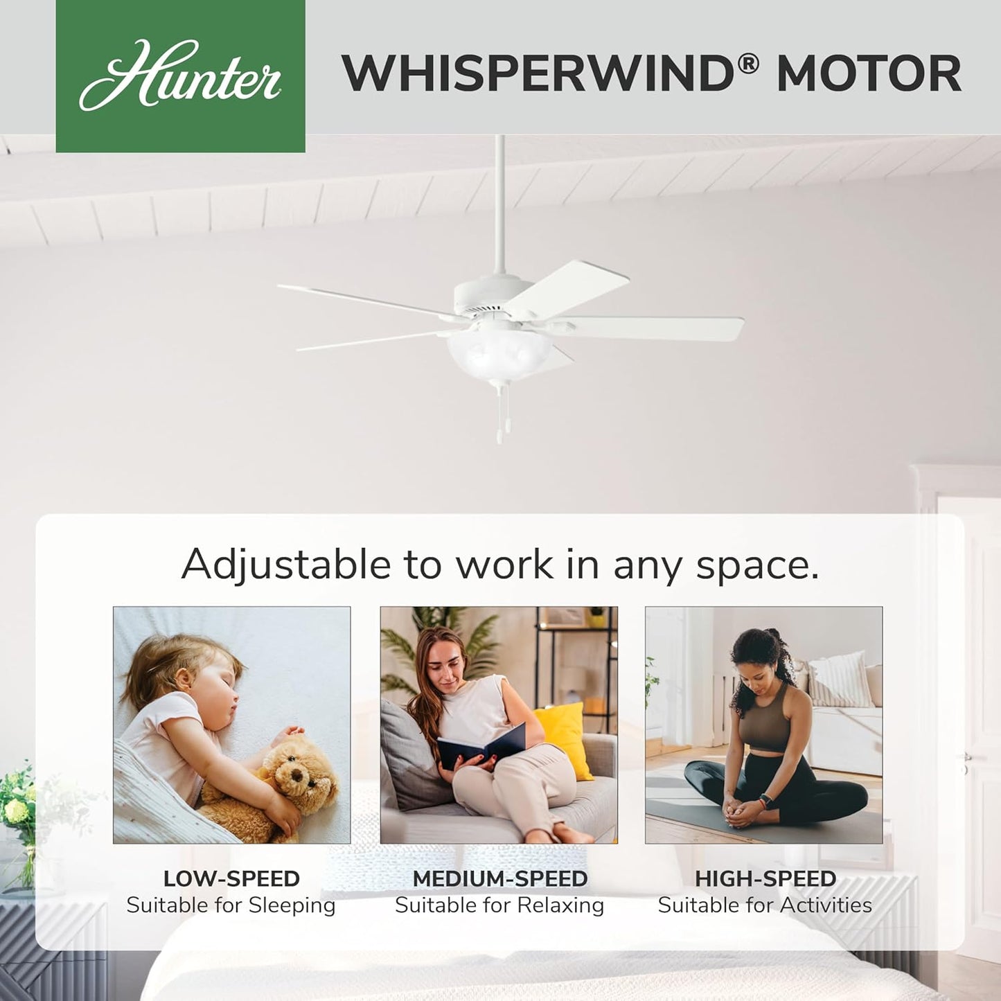 Hunter Swanson, Indoor, Ceiling Fan, with LED Light, 52 inch, Fresh White | Standard Mount, Pull Chain, 5 Blades, For Bedroom, Living Room, Kitchen, 50908