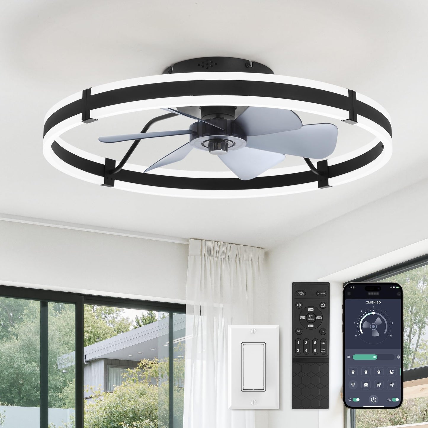 ZMISHIBO Low Profile 19.7'' Ceiling Fans with Lights and Remote, Black | 3000-6000K Dimmable LED Fandelier, Quiet DC Motor, Reversible Airflow, 6 Wind Speeds, Timer, Bedroom, Living Room, Kitchen