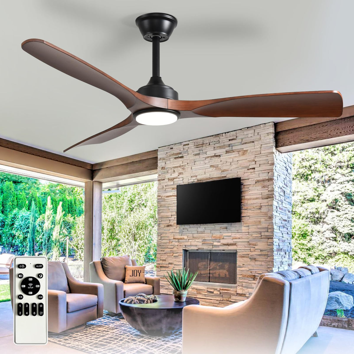Outdoor Ceiling Fan with Light: 52 Inch 3 Blade Outdoor Fans for Patios - Modern Plastic Walnut Ceiling Fan with Dimmable Light Remote Control Ultra Quiet Reversible DC Motor Timer