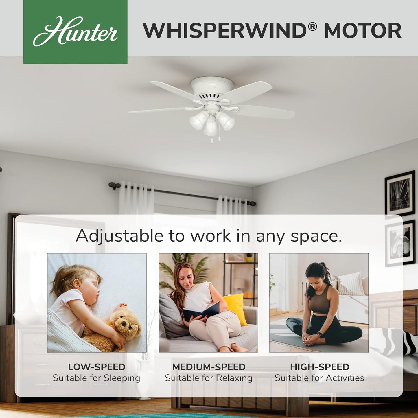 Hunter Builder, Indoor, Ceiling Fan, with LED Lights, 52 inch, Snow White | Low Profile Flush Mount, Pull Chain, 5 Blades, For Bedroom, Living Room, Kitchen, 53326