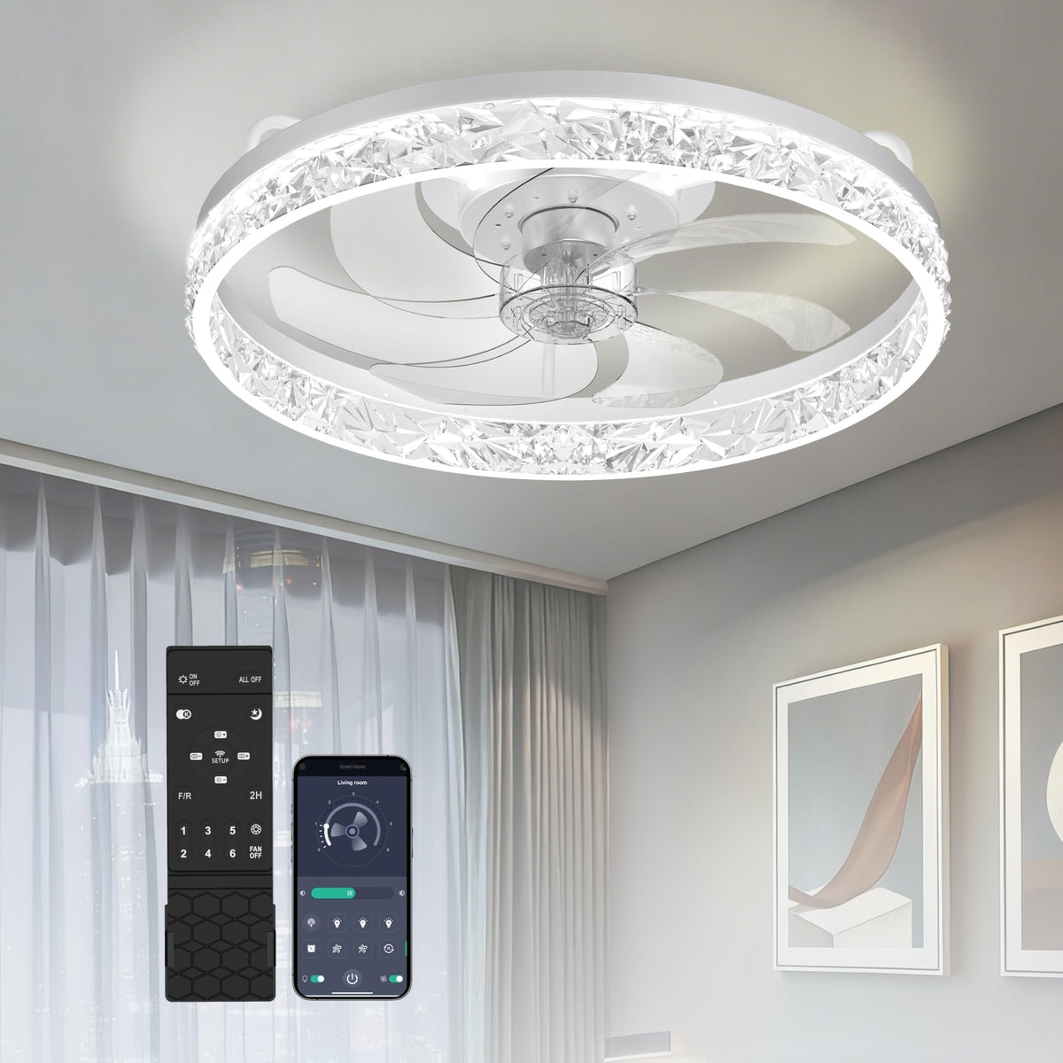 20 Inch Ceiling Fan Light with Lights and Remote, Easy Install Ceiling Fans | Low Profile Flush Mount Ceiling Fans with Light, 3CCT Dimmable Smart Ceiling Fan Lights for Bedroom