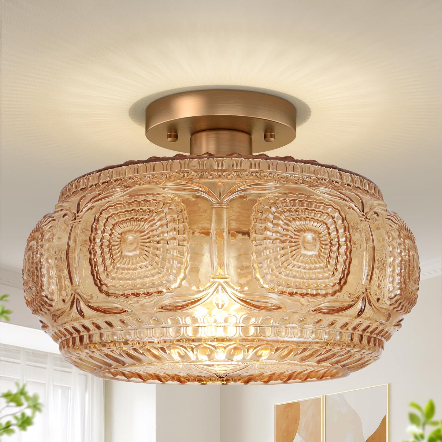 Globe Glass Semi Flush Mount Ceiling Light Fixture, Vintage Gold | Beautiful Light Shadow, Easy to Install, Bright Ambiance, Modern Lighting for Hallway Entryway Kitchen Bathroom Bedroom