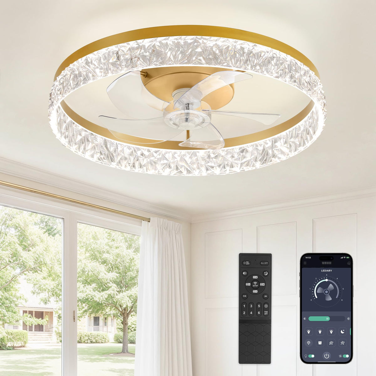 LEDIARY 20" Modern Ceiling Fans with Lights and Remote, White Fandelier | Dimmable Low Profile, Flush Mount Ceiling Fan, Stepless Color Temperature Change, 6 Speeds, Bedroom, Living Room, Kitchen