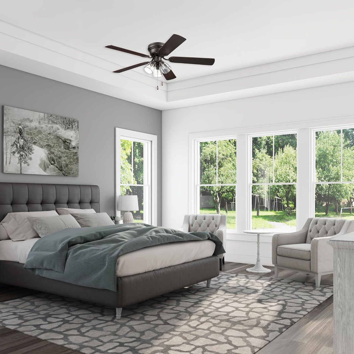 Portage Bay Ceiling Fans 52" Renton Bronze Indoor Fan with Clear 3 Light LED Multi Arm; E26/B11 Bulb and Pull-Chains, Traditional Style, 5 Reversible Barnwood/Dark Chestnut Blades, 51439