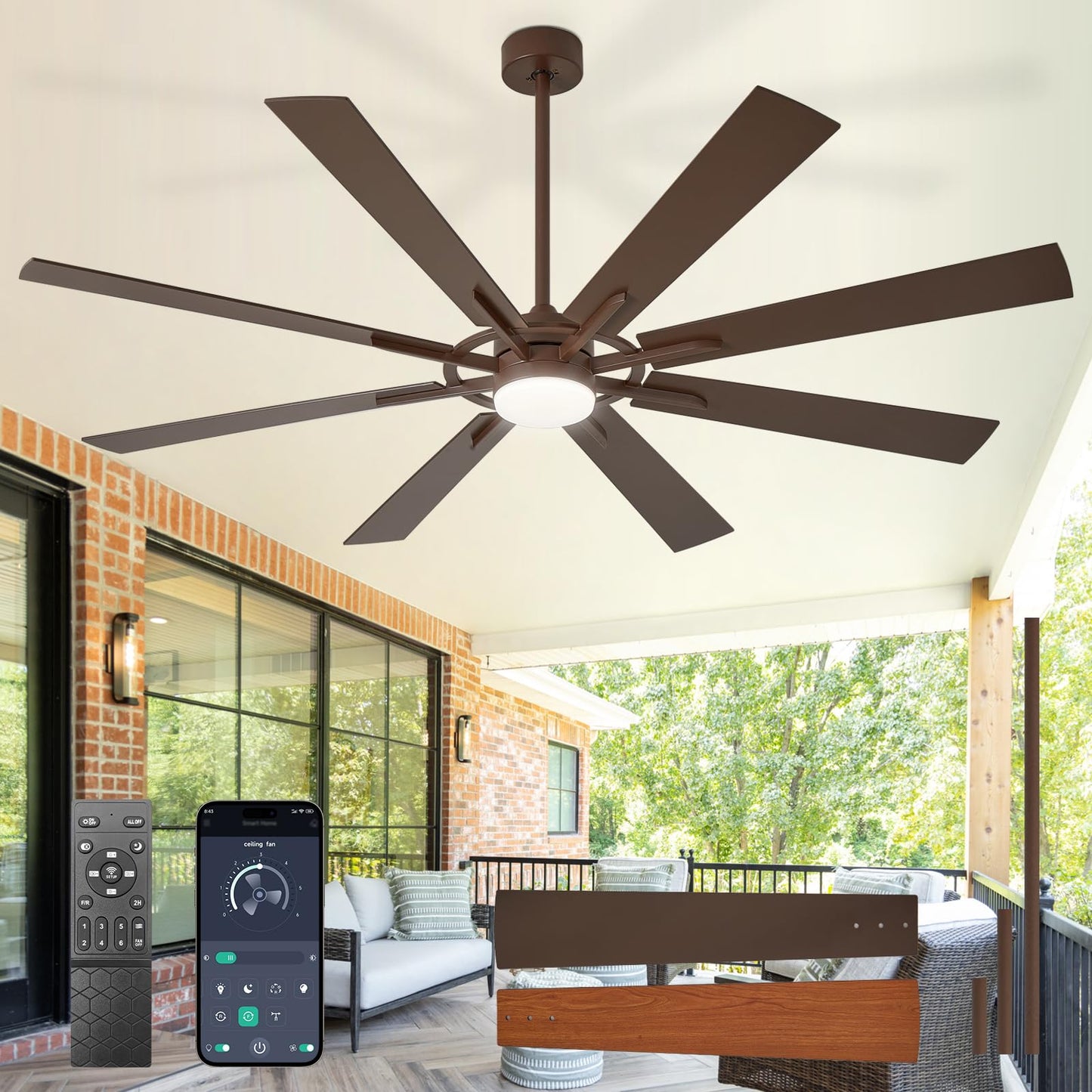 Large Ceiling Fans with Lights: Modern 72 Inch 8 Blade Outdoor Ceiling Fan with Remote APP Control - Dimmable Black Big Fan Light Indoor Reversible 6 Speed Quiet DC Motor