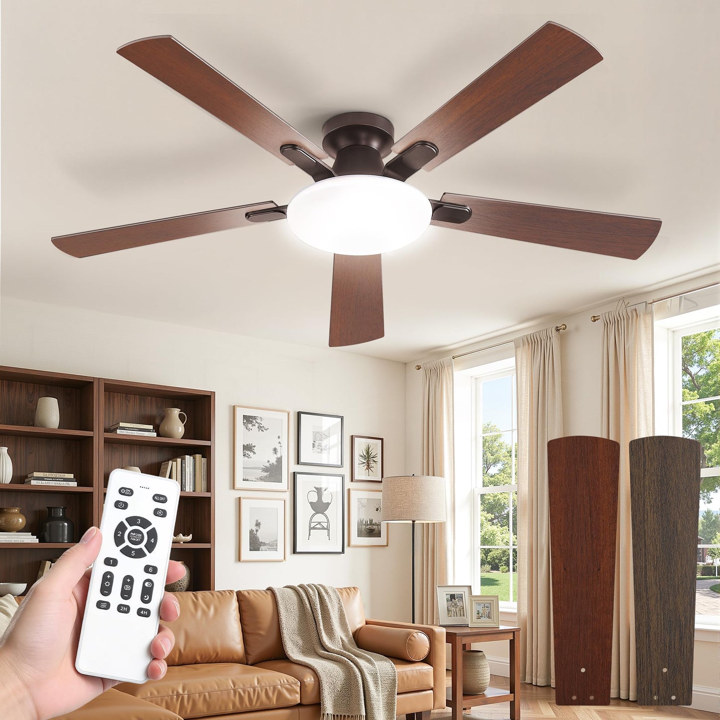 LEDIARY 52 Inch Flush Mount Ceiling Fans with Lights, Remote & APP Control | Bright Light, 3CCT, Memory Function, Timer, Reversible Blade, Quiet DC Motor, Damp-Rated, Living Room, Bedroom, Covered Patio