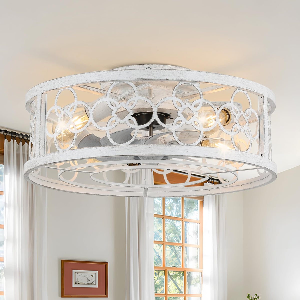 52 Inch Flush Mount Farmhouse Ceiling Fans with Lights and Remote Control | 5 Reversible Blades Vintage Low Profile Ceiling Fan with 3-Light 6 Speeds for Living Room Bedroom Kitchen Dining Room