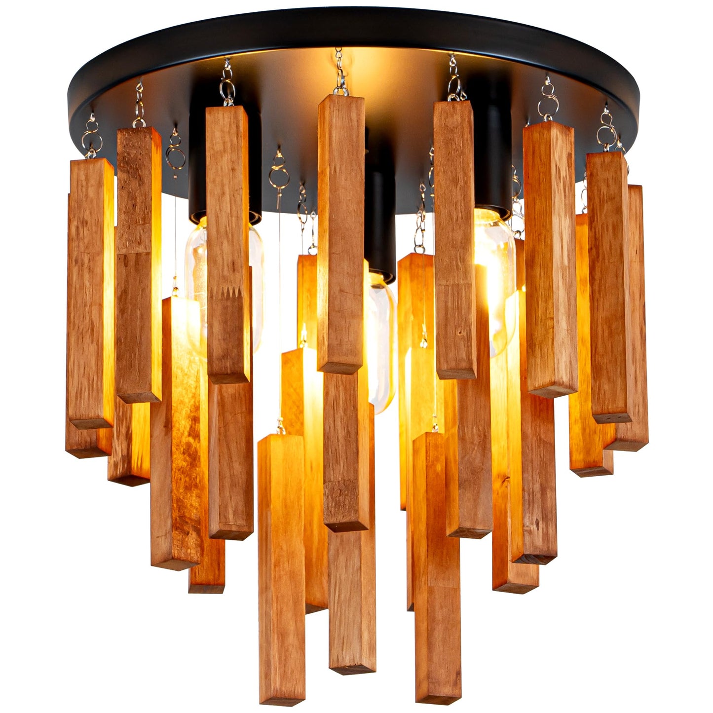 Farmhouse Ceiling Light, 2-Light Round Flush Mount Ceiling Light with Wood and Metal Frame, Black Rustic Light Fixture for Hallway, Entryway, Bedroom, Kitchen