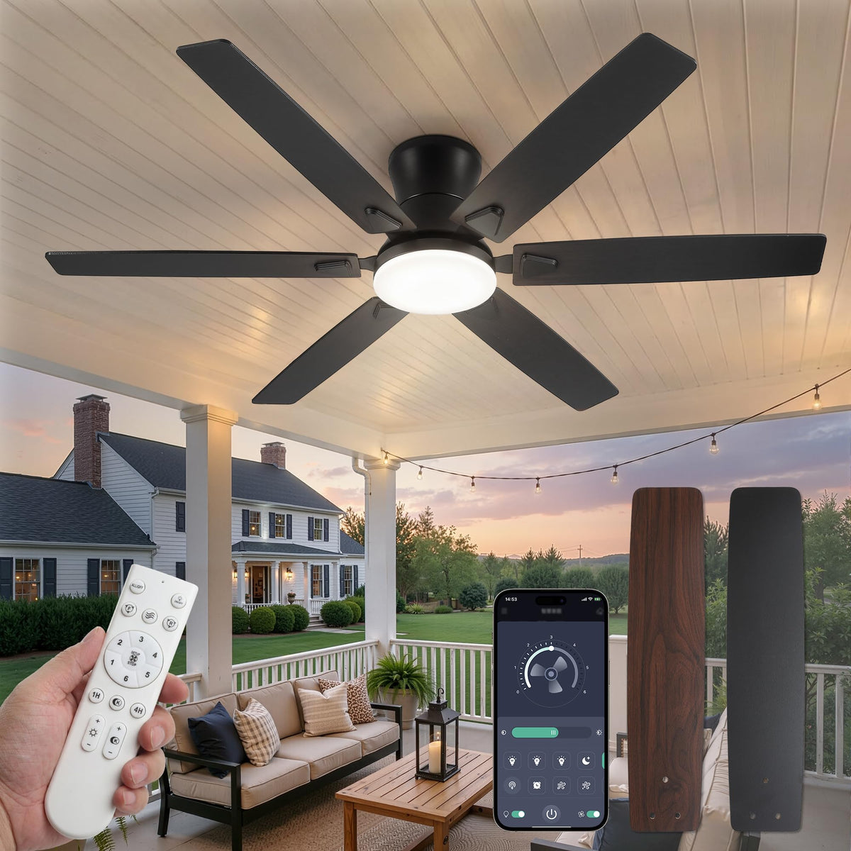 Fanbulous 52 Inch Flush Mount Ceiling Fans with Light, Remote & APP Control | 6-Blade Gentle Breeze,Quiet DC Motor, 3CCT,Dimmable,Memory Function,Reversible, Damp-Rated, Living Room,Bedroom,Covered Patio