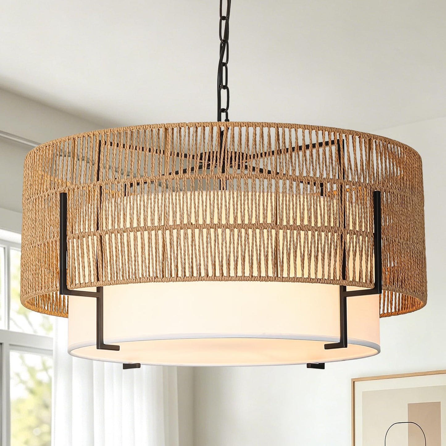 4-Light Rattan Chandelier for Dining Room, 19.7" Boho Pendant Light | Hand Woven, Drum Design with Fabric Shade, Farmhouse Style, for Living Room, Kitchen Island, Bedroom, Hallway, Foyer