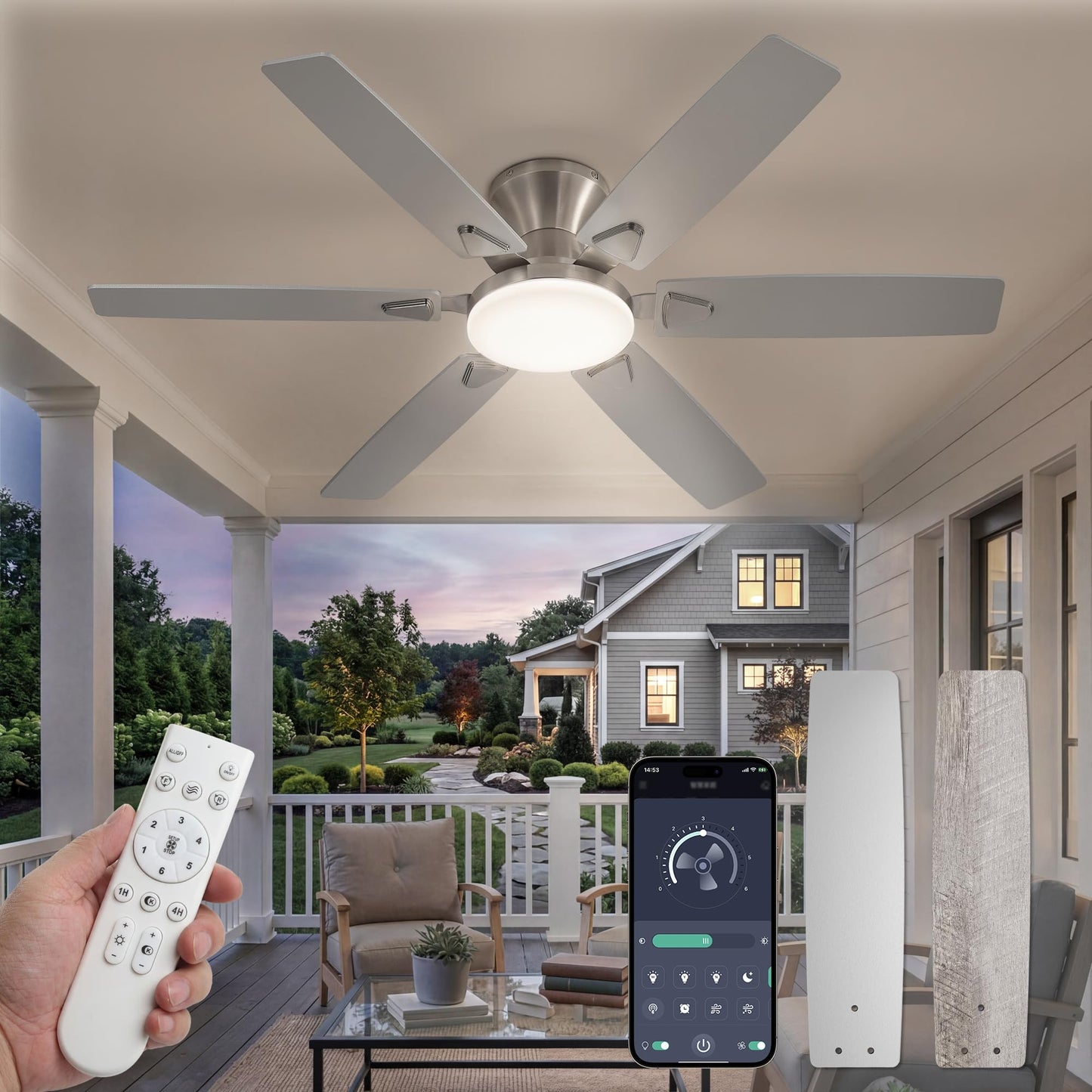 Fanbulous 52 Inch Flush Mount Ceiling Fans with Light, Remote & APP Control | 6-Blade Gentle Breeze,Quiet DC Motor, 3CCT,Dimmable,Memory Function,Reversible, Damp-Rated, Living Room,Bedroom,Covered Patio